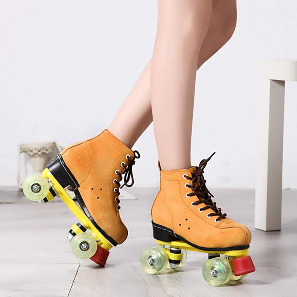 Quad Roller Skate Men and Women's Shiny Shoes Adjustable Leather high-top Drought Skates Ideal for Rink and Dance Yellow