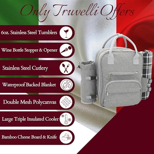 Truvelli Picnic Backpack for 2 with Blanket – 12-in-1 Insulated Picnic Basket Backpack Set with‬ Wine Holder, Cutlery & Cheese Board – Luxury Picnic Back Pack for Couples, Outdoor‬ Adventures, Gray - Thumbnail 3