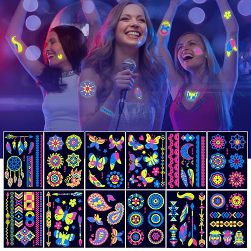 12 cartes Tatouage Phosphorescent Néon Tatouages Temporaires Tatouage à la lumière noire Fluo Reaction Art Corporel Pour Halloween Fête Fluorescente, Carnaval – vue 3