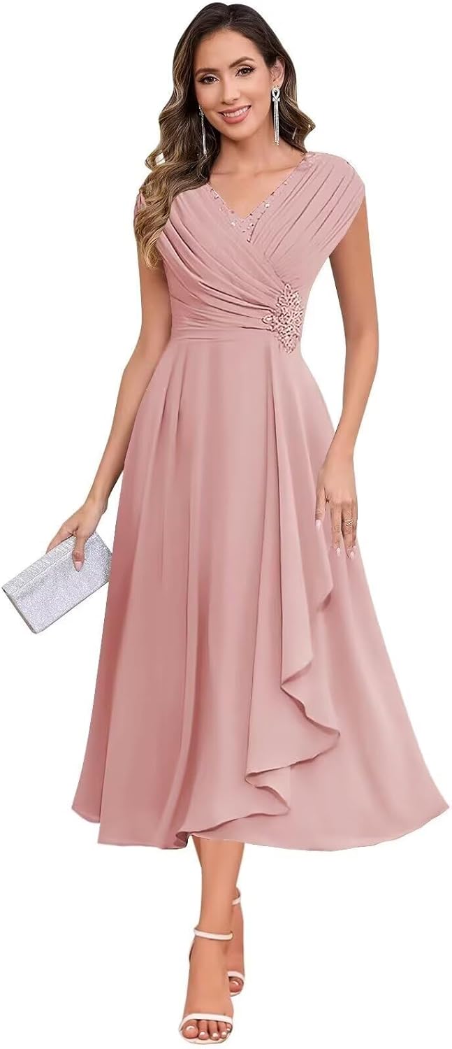 Floral Mother of The Bride Dresses for Women 2025 Sparkly Cap Sleeve Wedding Guest Dress Chiffon Ruffled Evening Gown