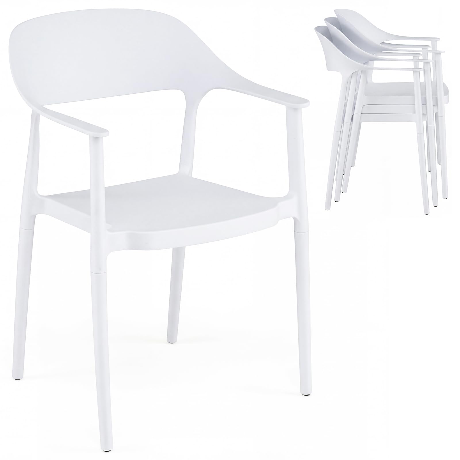 COSTWAY Silla de Cocina Pack 4 de Plástico Reciclado, Sillas de Comedor Apilables con Respaldo Curvado, Apoyabrazos y Asiento Amplio, Sillas Terraza para Exterior e Interior, Salón, Jardín (Blanco,4)