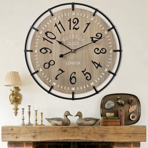 Secbeok 24 Inch Large Farmhouse Wall Clock, Metal Rustic Wood