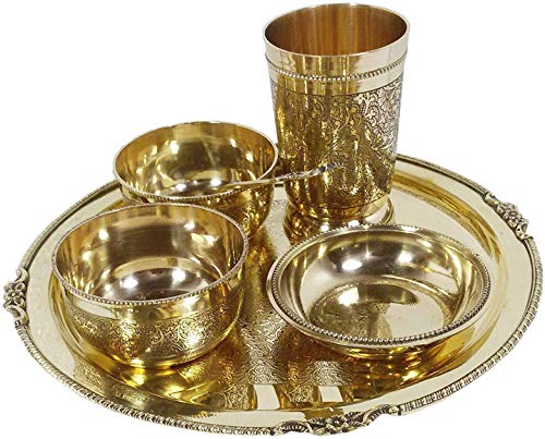 Image of Brass Floral Thali Set Luxury Spoon Restaurant Ware /Home /Hotel (Golden) 6 Pieces Set- 1 Thali, 2 Bowl, 1 Sweet Plate, 1 Glass, 1 Spoon