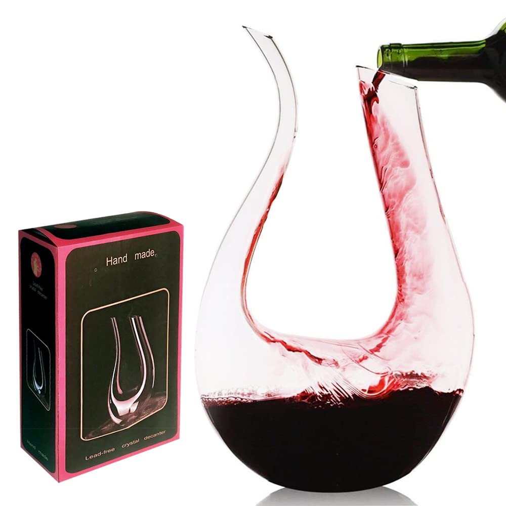 JorunbWine Decanter - Hand Blown Modern 1.5L U Shape Classic Crystal Glass Red Wine Carafe & Aerator Wine Accessories,100% Lead-free Crystal Glass
