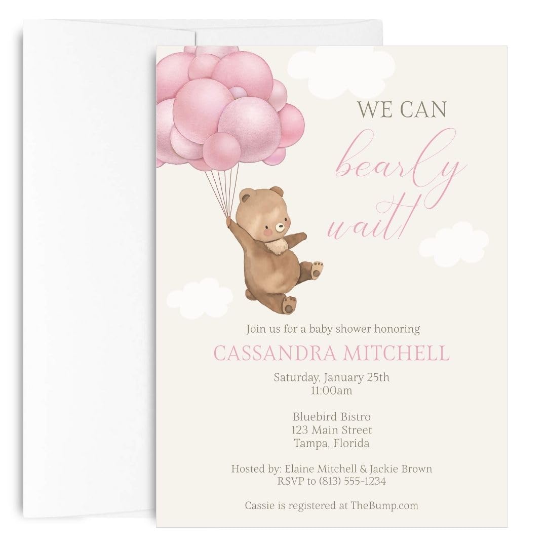 We Can Bearly Wait Baby Shower Invitations for Girl Customizable Teddy Bear Invites with Envelopes (12 Count)