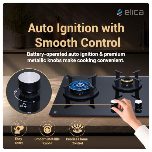 Image of Elica 60 cm 3 Burner Auto Ignition Hob | RG FLEXI DFS AB 3B 60 DX | 8 mm Toughened Glass, Direct Vertical Flame Brass Burners, Fully Sealed Burner Design, 2 Year Comprehensive Warranty