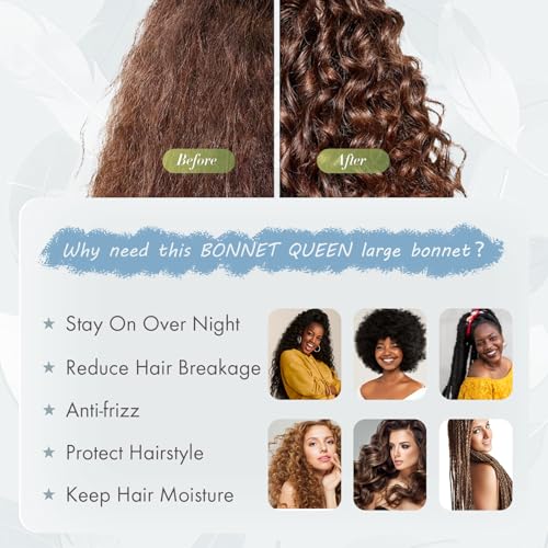 Image of BONNET QUEEN Satin Bonnet Silk Bonnet for Sleeping Women Hair Wrap Night Sleep Cap Scarf Wrap for Curly Hair with Tie Band, Large, Light Blue