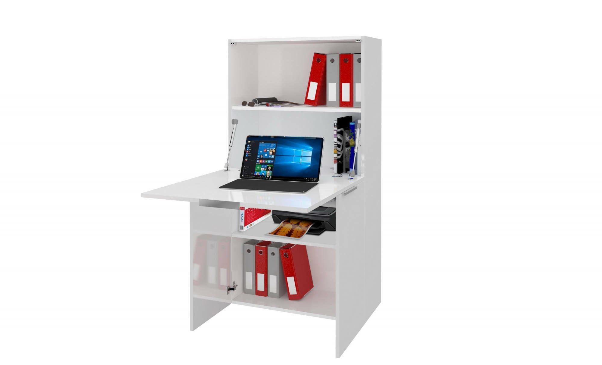 Dmora - Scrivania Gianpiero, Mobile multiuso con scaffali e piano da lavoro, Tavolo multiuso per ufficio, Scrivania salvaspazio multiposizione, 100% Made in Italy, cm 70x35h140, Bianco lucido