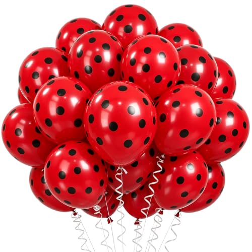 Image of TONIFUL 100 Pack Red Polka Dot Latex Balloons 12 Inch - Black Dots on Red for Ladybug Themed Birthday Carnival Baby Shower Graduation Party Decorations