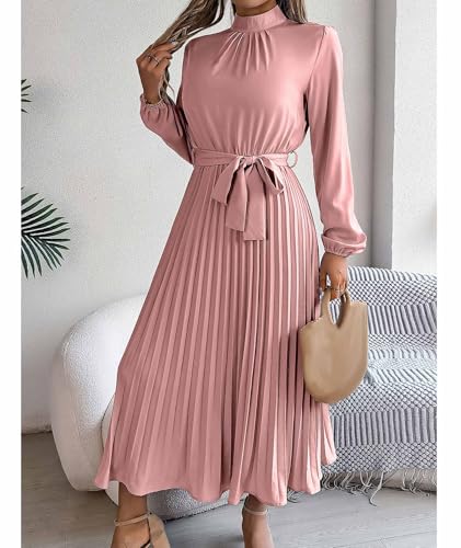 Sexyshine Women's Mock Neck Long Sleeve Pleated Chiffon Long Dress High Waist Belted Flowy A Line Cocktail Party Dress4