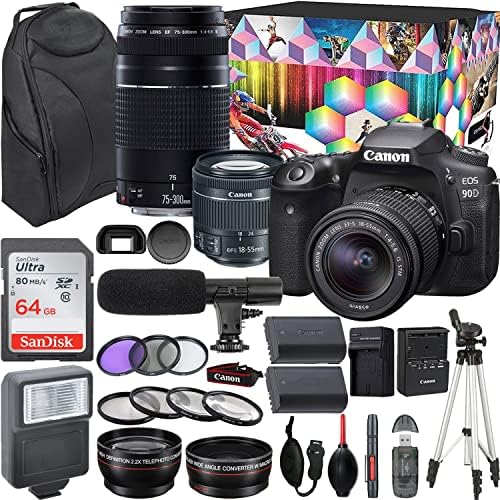 Camera Bundle with Canon EOS 90D DSLR Camera with EF-S 18-55mm f/4-5.6 is STM + EF 75-300mm f/4-5.6 III Lens + Shotgun Microphone with Video Kit Accessories (64GB, Tripod, Flash, and More)