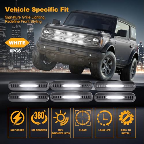 Image of LED Grille Lights for Ford Bronco 2024 2021 2022 2023 Front Grill Inserts Light Snap-on Lamps Fits for Big Ben-d Outer Bank Accessories 2-4 Door (White Lights, 6PCS)