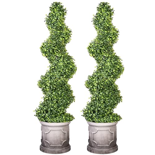 VIVATREES 4FT Artificial Spiral Boxwood Topiary Trees with Antique-White Roman-Style Planter...