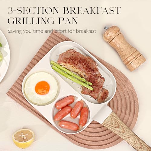 Image of GiPP Ceramic Non Stick Egg Pan, 3-In-1 Divided Breakfast Omelette Frying Pan, 7.9 inch with Heat-Resistant Handle, Compatible with All Stove Tops, PFOA /POFS /PTFE Free, White