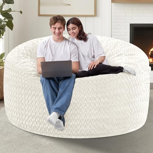 Image of HABUTWAY 4FT Bean Bag Chair,Giant Bean Bag Chairs for Adults,Big Bean Bags with Memory Foam Filled, Large Beanbag Chairs with Chevron Plush Cover-White