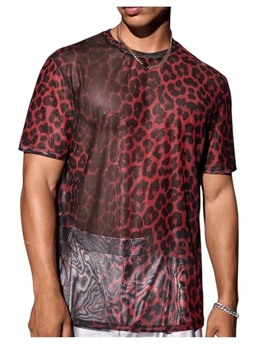 OYOANGLE Men's Leopard Print Sheer Mesh Short Sleeve T-Shirts Party Crew Neck Tee Tops Clubwear