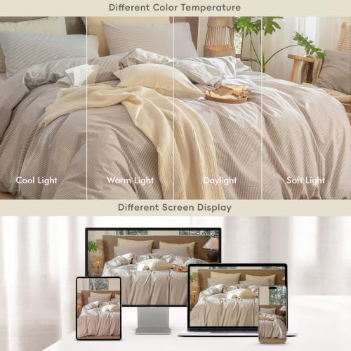 Image of MooMee Striped Duvet Cover Set 100% Washed Cotton Linen Like Queen | Relaxed Linen-like Texture. Soft, Breathable & Long-lasting Comfort. Lightweight. Hidden Zipper with 8 Interior Corner Ties
