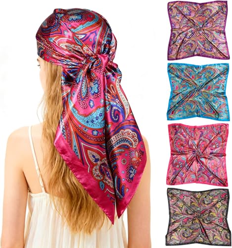 Ciormis Silk Head Scarf for Women 4 Pcs 35 Large Paisley Bandana Scarf Satin Head Scarves for Hair Sleeping Neck Scarfs Cashew Print Headscarf Silk Feeling (Hot Pink/Purple/Blue/Black)