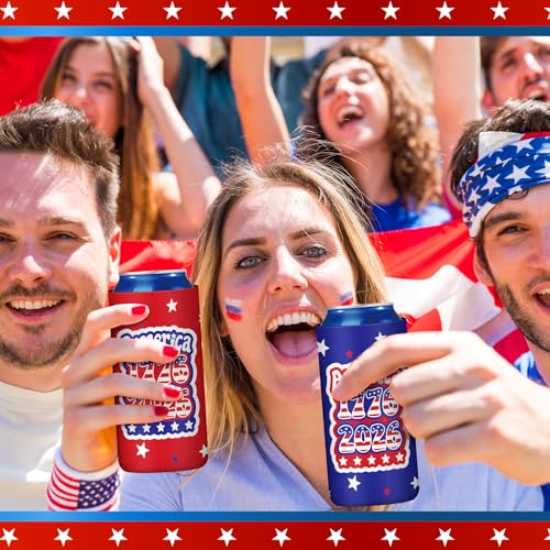 Image of Yungyan 12 Pcs 4th of July American Can Cooler Patriotic Sleeves 250th Anniversary for 1776-2026 Independence Day Red Blue USA Flag Accessories Memorial Day for Party Favors Decoration(Fashion Style)