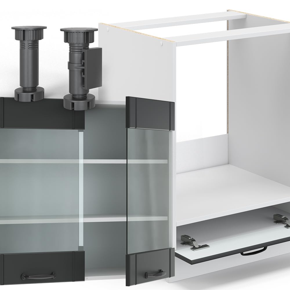 Vicco Cuisine en Angle Fame-Line, Gris foncé/Blanc, 287 x 227 cm | 14 Modules · Pieds réglables en hauteur · Plan de travail incl. · Façades en MDF · Softclose · Poignées en métal