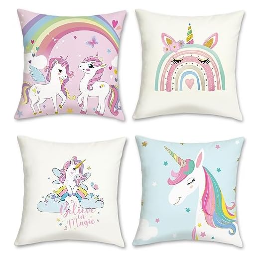 Bonhause Fundas de Cojín Unicornio 45 x 45 cm Funda de Almohada Arcoiris Azul Rosa Terciopelo Suave Cojines Decorativos para Sofá Cama Hogar Habitación de Niñas Infantil Juego de 4