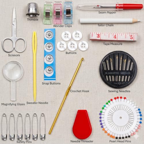 Image of 142-Piece Travel Sewing Kit for Adults & Kids, Small Needle & Thread Kit | Mini Emergency Repair Sewing Kit, Beginner Set with Multicolor Thread, Needles, Scissors, Thimble, Clips & Travel Case