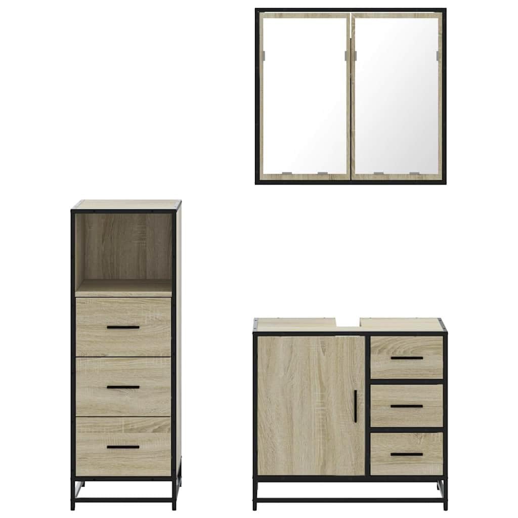 3-TLG. Zestaw mebli łazienkowych SONOMA Oak materiały na bazie drewna, szafka pod umywalkę z metalową ramą, szafka z lustrem, szafka łazienkowa, nowoczesny design do przechowywania