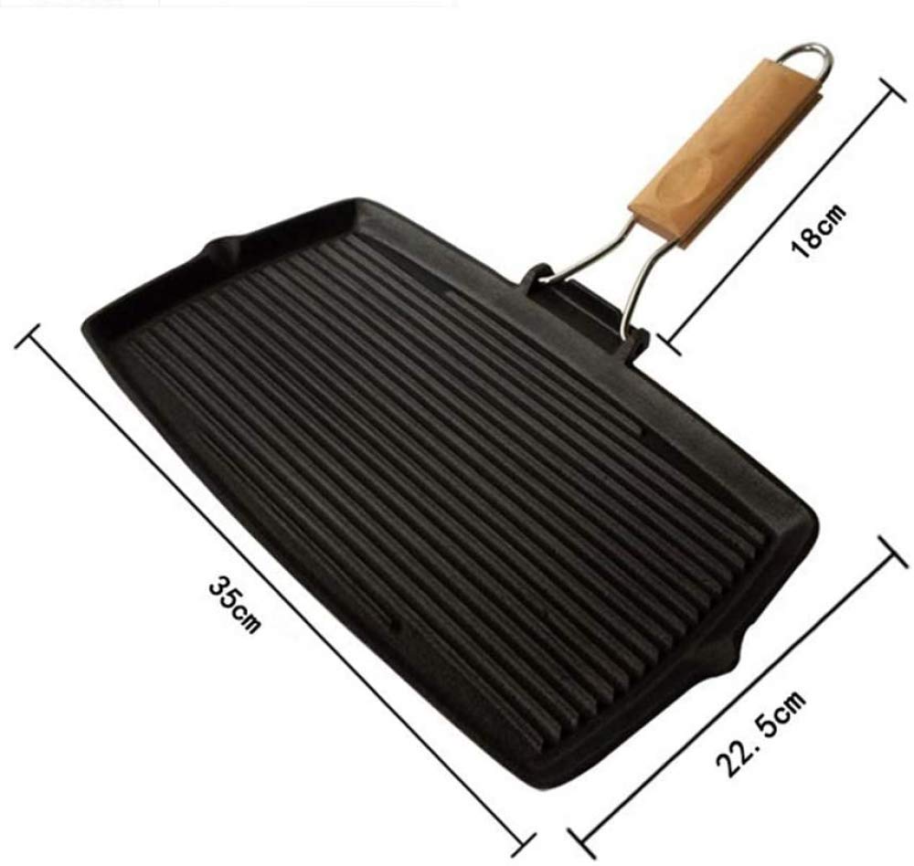 Sartenes para plancha, parrilla con mango plegable, hierro fundido rectangular, con doble caldera, para carne o barbacoa, color negro