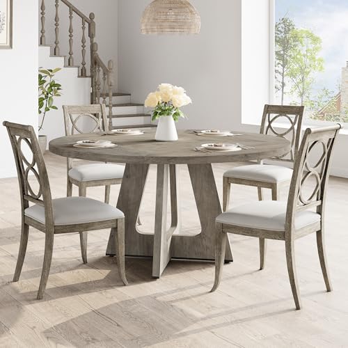 GarveeHome 47-Inch Round Large Dining Table Set for 4 to 6, Farmhouse Dinner Table with Wooden Top and Legs for Home Dining Room or Living Room (Grey)