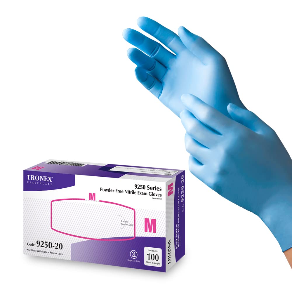 TRONEX 9250 Nitrile Disposable Gloves, Medical Grade Exam Glove, Food Preparation,Beauty, Tattoo, Fingertip Textured, Latex Free, Powder Free, Blue, Medium, Box of 100