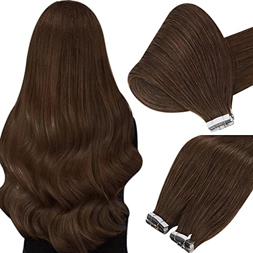 Sunny Tape in Hair Extensions Brown Human Hair Double Side Tape ins Brown Human Hair Extensions Tape on Real Hair Extensions Human Hair Long Straight Brown Extensions Tape in Remy Hair 26in 20pcs 50g