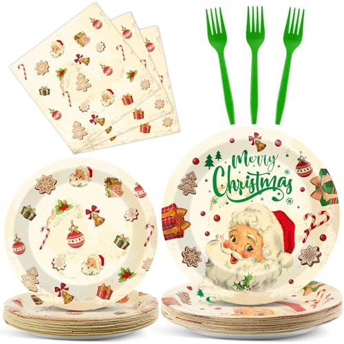 Image of Qyeahkj 100 Pcs Christmas Xmas Party Paper Plates and Napkins, Vintage Holiday Party Supplies Birthday Party Tableware Set Table Decorations Favors with Forks for Girls Boys Kids Serve 25