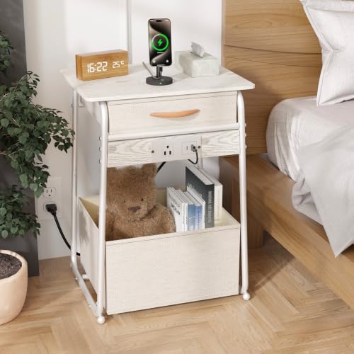 Image of End Table with charging station White Side Table with Storage Rectangular