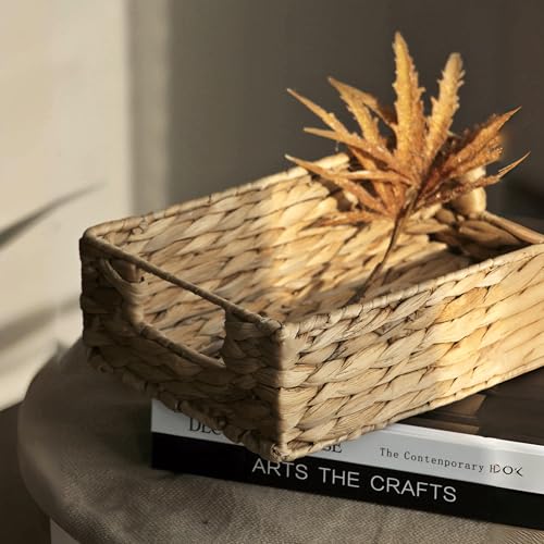 Water Hyacinth Storage Basket - Small Rustic Rectangle Woven basket Organizer with Handle for Home & Office Decor (Hyacinth) by QINGTUHOME - Image 2