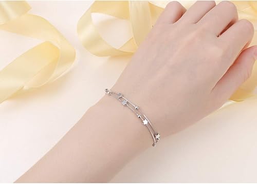 Miniatura 2 de Pulsera de plata de ley S925 con cuentas de corazón y estrellas de doble cadena, ajustable, regalo para mujeres y niñas, de 7 + 2 pulgadas