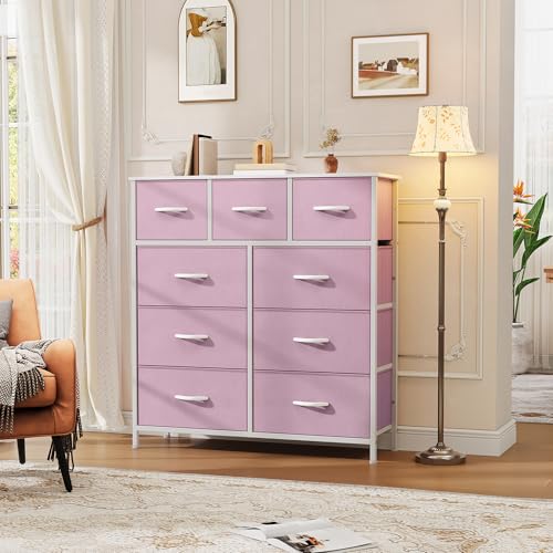 DWVO Dresser with 9 Drawers - Fabric Storage Tower, Organizer Unit for Living Room, Hallway - Sturdy Steel Frame, Wooden Top & Easy Pull Fabric Bins