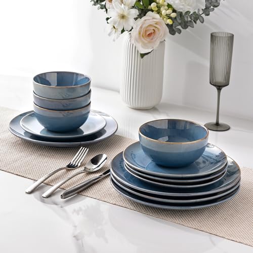 Image of GBHOME Ceramic Dinnerware Sets for 8, 24 Pieces Stoneware Plates and Bowls Sets, Reactive Glaze Dishes -Scratch Resistant, Dishwasher&Microwave Safe-Alaskan Blue