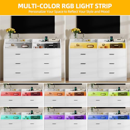 DWVO 6 Drawer Dresser for or Closet, Living Room, Entryway, Hallway, LED Light and Charging Station, Wide Drawer Organizer Cabinet for Office, Modern Chest of Drawers