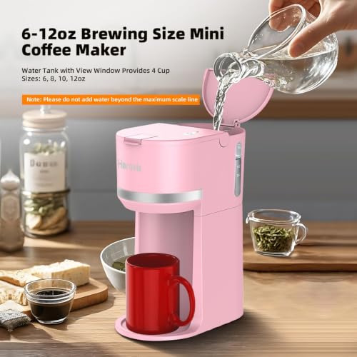 Image of Horavie Mini Single Serve Coffee Maker for K-Cup Pod and Grounds, Fast Brew One Cup Coffee Machine with Descaling Reminder and Water Window, 6 to 12 oz. Brew Sizes, Pink