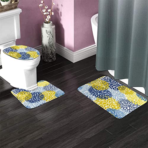 Badezimmerteppich-Set, 3-teilig, grün, Frühling, Blumen, Blau, Gelb und Marineblau, Chrysanthemen, waschbare Badteppiche, rutschfest, mit Rückenpolster, Konturteppich und Toilettendeckelbezug – Bild 4