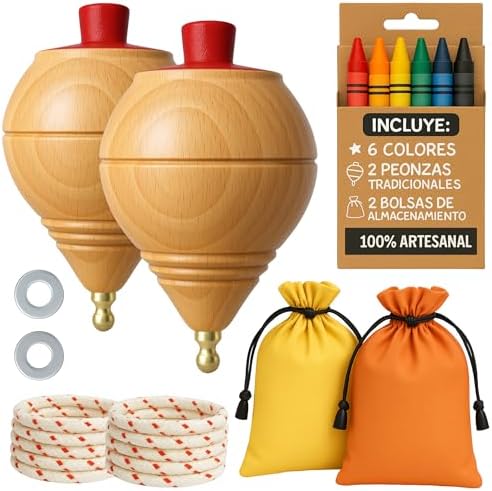 AF® - Peonza Madera, Set 2 Peonzas Niños + 6 Ceras de Colores par...