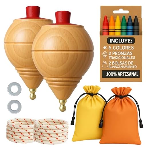 AF® - Peonza Madera, Set 2 Peonzas Niños + 6 Ceras de Colores para Niños + 2 bolsas transporte y 2 arandelas para la cuerda | Personaliza tu Trompo de Madera Tradicional