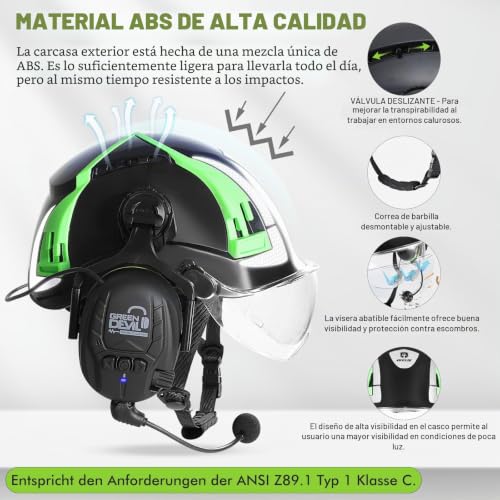 Casco de seguridad industrial con Bluetooth, visera y orejeras activas GREEN DEVIL 3