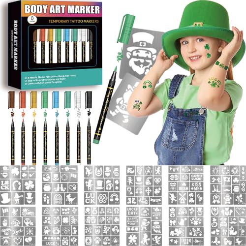 Temporary Tattoo Markers for Skin, 8 Metal Body Markers + 180 St Patricks Day Tattoo Stencils for Kids Adults, Green Shamrock Tattoos Stickers for Girl Boy Irish Parade Birthdays Party Face Makeup