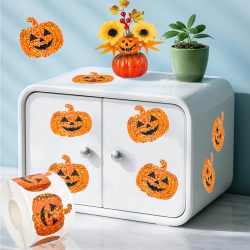 Image of 500Pcs Halloween Pumpkin Stickers Roll 1.2in Laser Smiling Pumpkin Shape Waterproof Decals Orange Sparkly Self-Adhesive Stickers Halloween Party Envelope Scrapbook Decorations