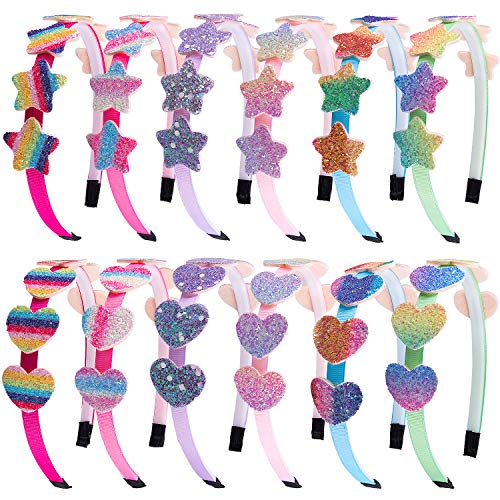 SIQUK 12 Pcs Glitter Headbands with Teeth Rainbow Heart Headband Colorful Star Plastic Headband for Girls