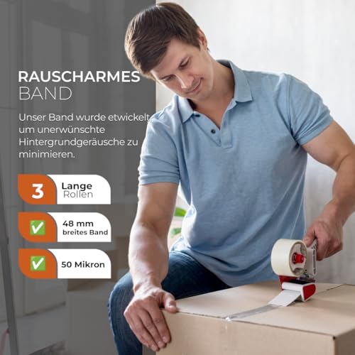Stick Well 3er Verpackungs Klebeband – 48 mm X 66 m, Geräuscharm, Stark Klebend, Transparentes Paketklebeband für Kartonverpackungen, Umzug – Geeignet für Klebebandabroller (transparent, 3er-Packung)