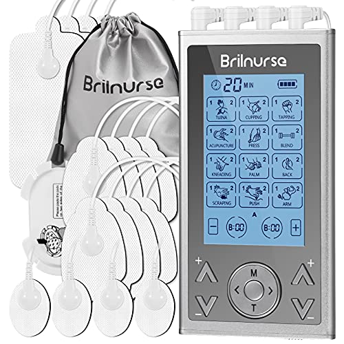 Brilnurse 4 Outputs TENS Unit Muscle Stimulator with 16 Electrode Pads, Rechargeable Muscle Massager for Pain Relief Therapy with 24 Modes 20 Level Intensity, Electric TENS Machine Pulse Massager