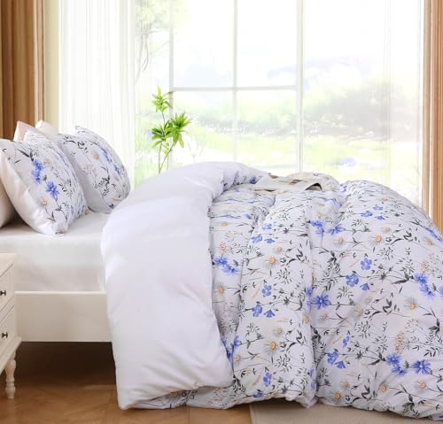 MUXHOMO Duvet Cover Queen Size, Reversible Floral Vintage Duvet Cover Set with Zipper Closure, 3 Pieces Botanical Patterns Soft Microfiber Bedding Set (90"x90", 2 Pillow Cases, Purple Blue Daisy)