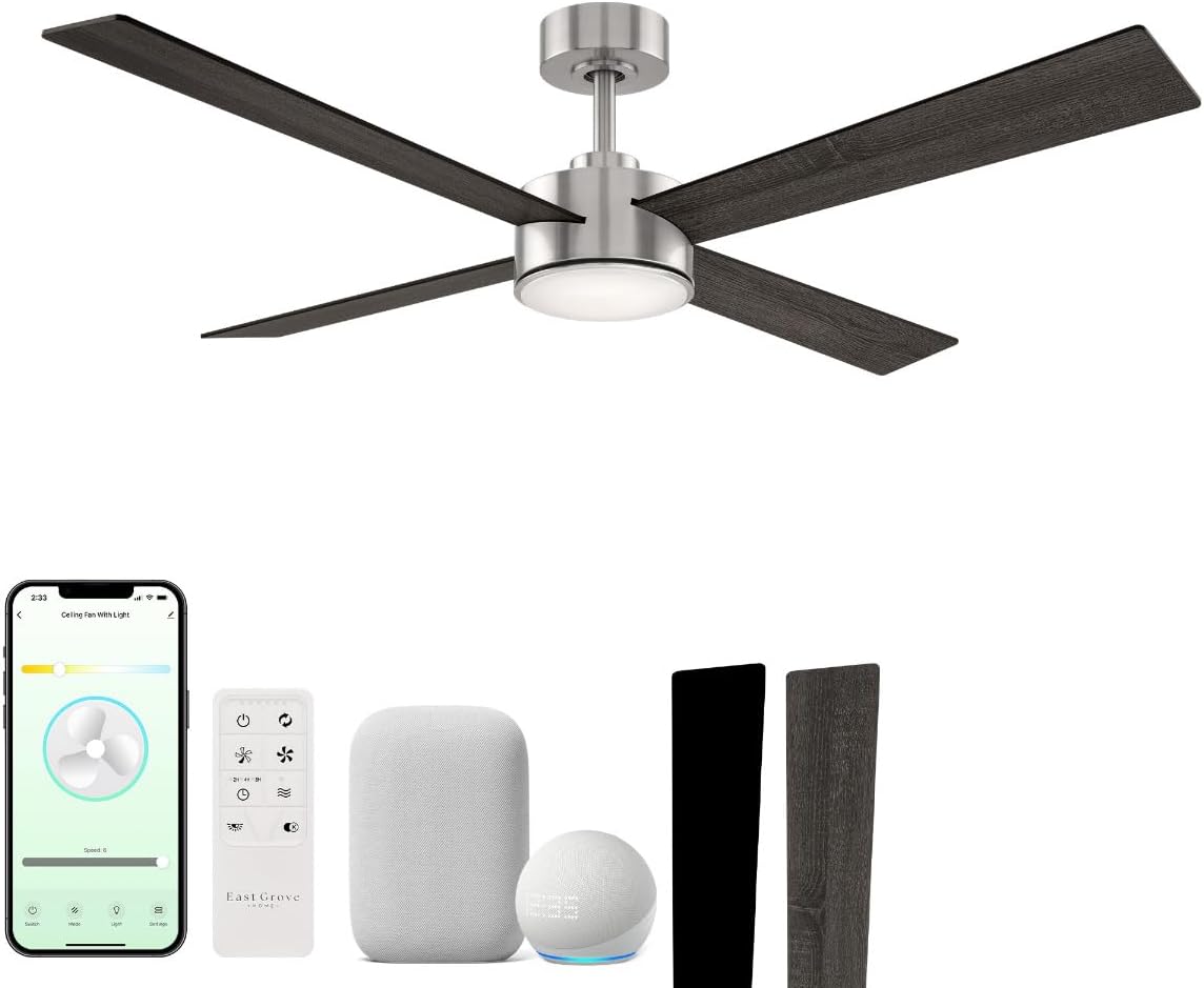 Santorini 4-Blade 52in Smart Indoor or Outdoor Ceiling Fan 2700K-6000K CCT Tunable Range LED Light Kit in Brushed Nickel with Reversible Black and Weathered Wood Blades Works With iOS or Android App